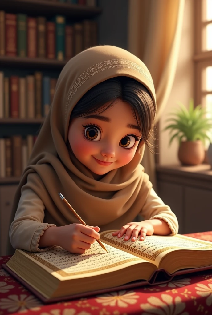 Cheerful daughter is studying al quran