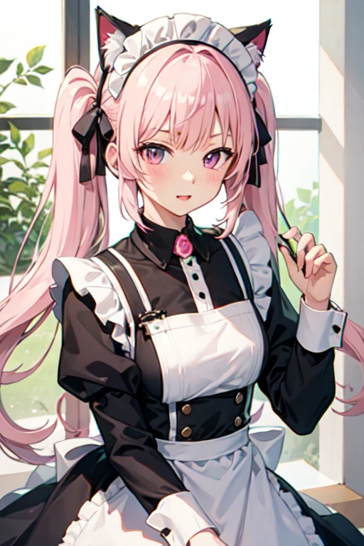 Light pink hair、Twin tails、Maid clothes、One Girl、Cat ear、long、Bangs crossed between the eyebrows