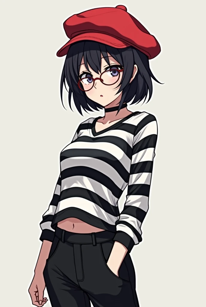 Female anime character short black hair wearing a red mountain hat black and white striped shirt black pants glasses 