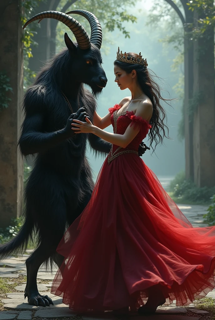 The black goat man is dancing with a princess wearing a red dress and is very beautiful. 