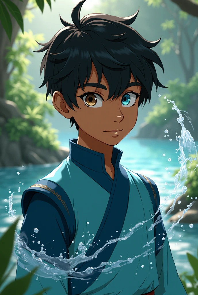 Based on the cartoon Avatar: The Last Airbender, create a waterbending boy who also dominates plants, at the age of , fair brown-skinned, blackquality hair, with one brown eye and one blue eye, with their clothes in blue and turquoise colors