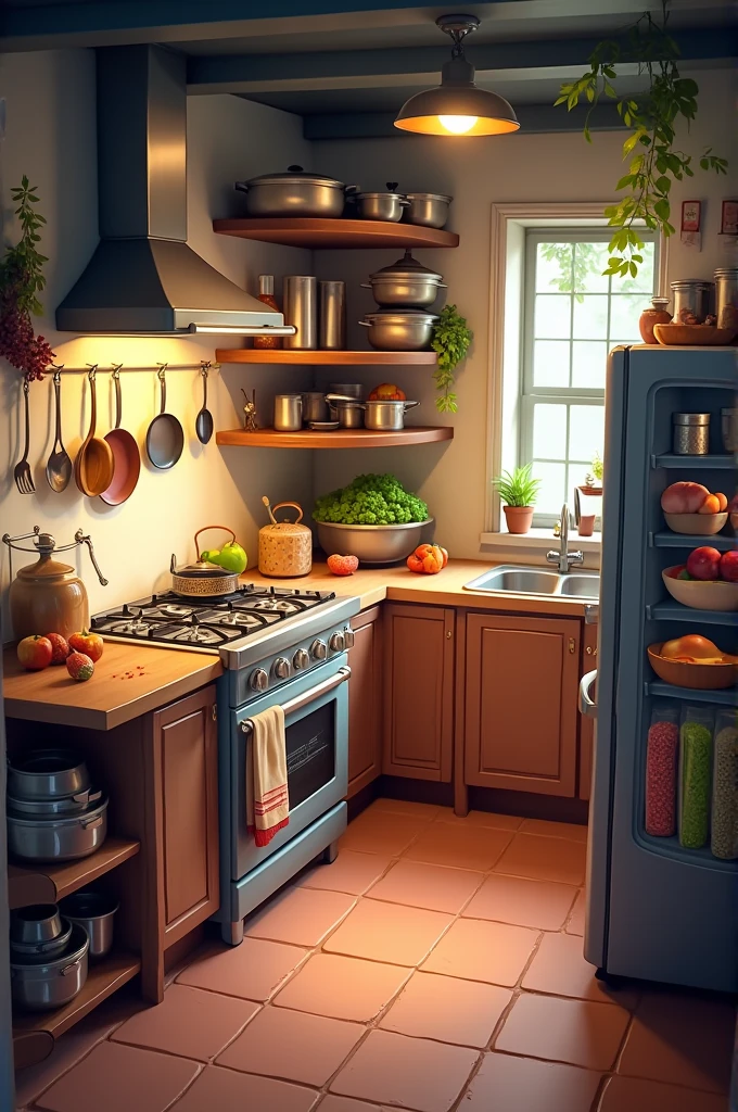 a kitchen where there is everything to cook, from frying pans to a baking oven, Also a sink next to the stove and next to it is the refrigerator, where there are all kinds of foods.