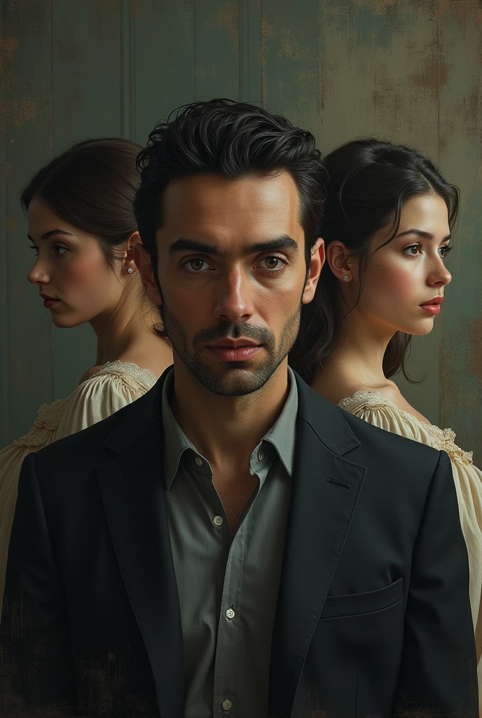 A realistic poster of the story " The Dead Star" by Paz Marquez Benitez ( 1 man, 30 years old, and two women 2) the man should be in front while the two women are in the back of the man. Vintage theme inlined with the title.