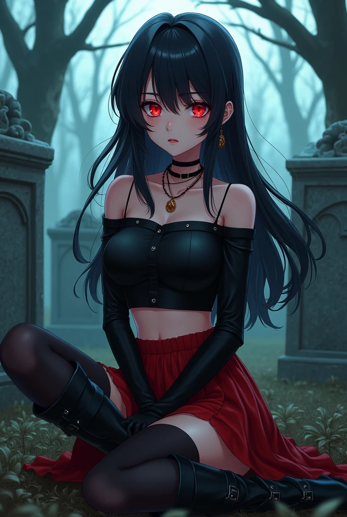 Ekaterina is a 2 adult woman, has long silky black hair with bangs; her eyes are a bright scarlet tone, and is 167 cm tall. She is wearing a Slipknot crop top, a red pleated skirt, black buccaneer tights, and knee-length platform boots with buckles.
She has a villain charm, mischievous type of beauty 
She is sitting on a gothic graveyard 
The picture has to be anime

