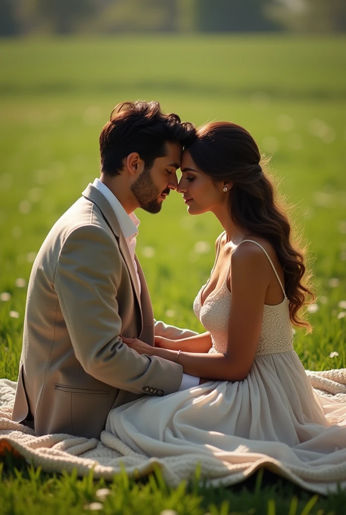 a couple of people sitting on a blanket in a field, stylish pose, profile pic, lovely couple, couple pose, photoshoot, fanart, portrait shot, very beautiful photo, attractive pose, beautiful pose, in love selfie, posed, dramatic smile pose intricate, official, spring season, promo art, modeling photography, hd movie photo, by John Luke