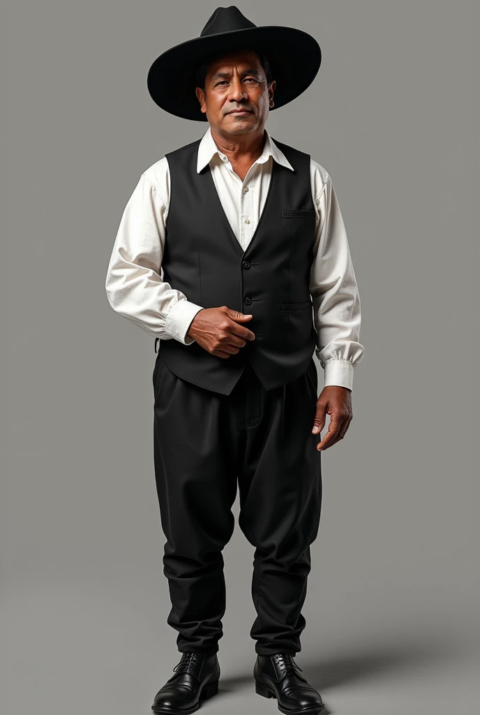 An Andean man dressed in a white shirt and a short black vest over it with a black hat, black pants and social shoes