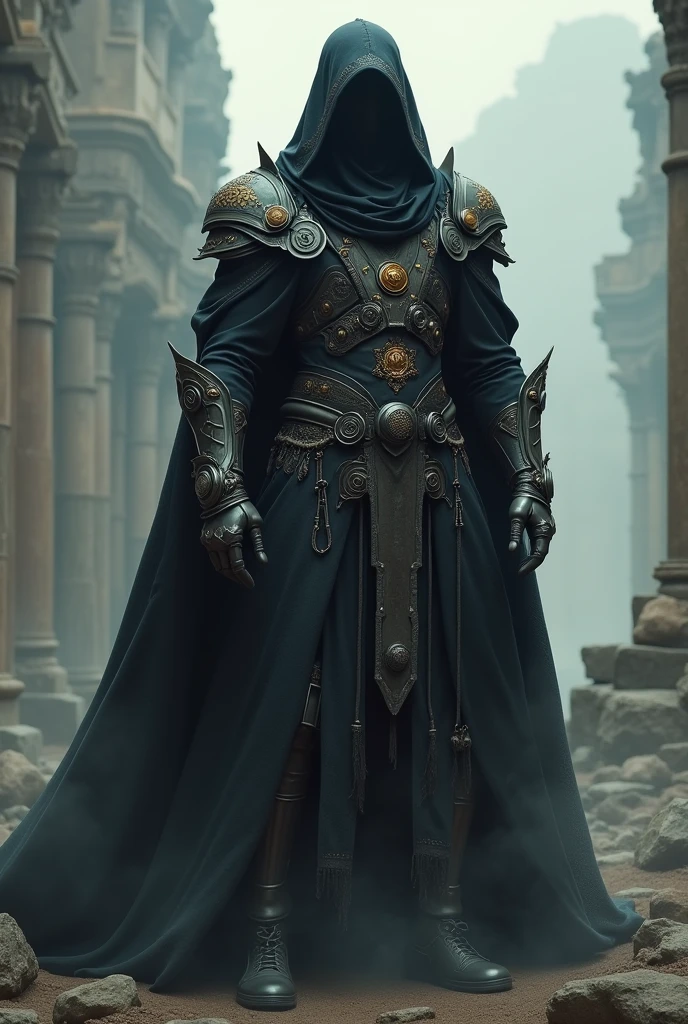 man in black ritual clothing, aura talk, mixed with modern military armor