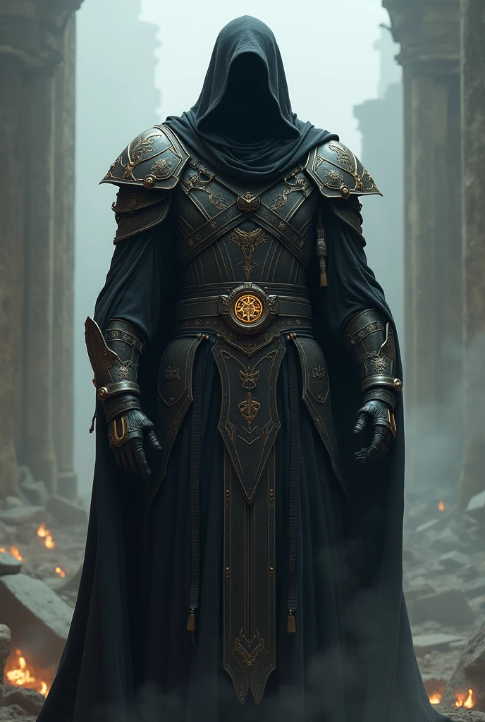 man in black ritual clothing, aura talk, mixed with modern military armor