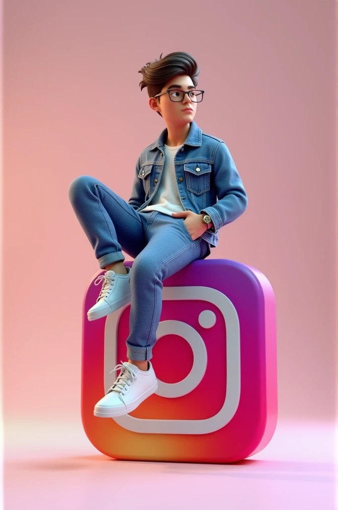 3D illustration of an animated character setting casually on top a social media logo "instagram" The character must wear casual mordan clothing such as jeans jaket and sneaker shoes .The background of the image is a social media profile page with a user name "Apradhi_Pritam_007 and a profile picture match