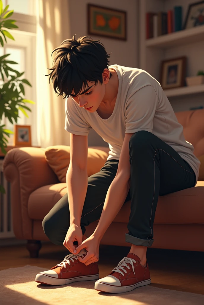 Draw a handsome boy taking his shoes off in a friends house