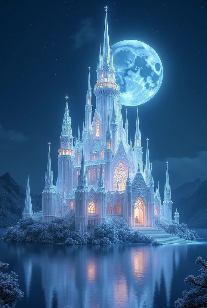 Create a crystal castle where the moonlight is reflected in the water and is fantasy. 