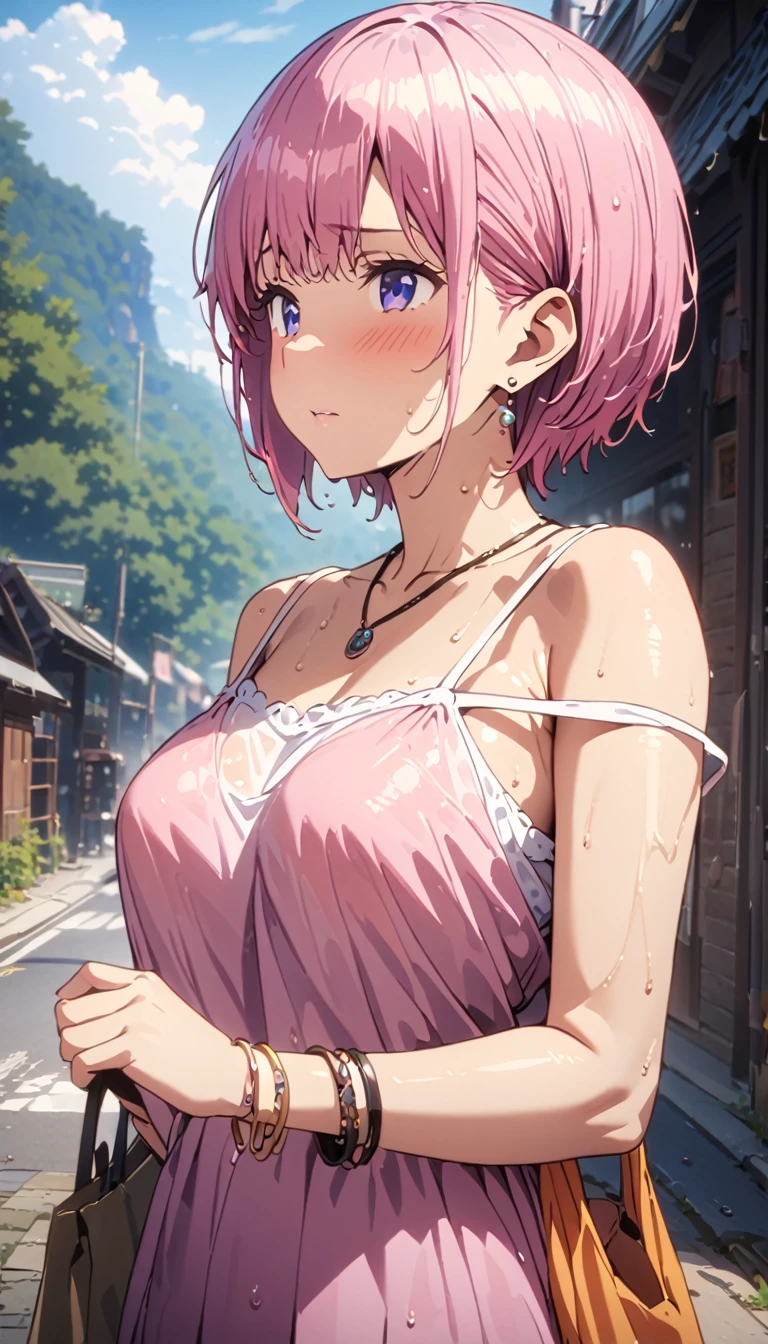 (Highest quality, 4K, 8k, High resolution, masterpiece:1.2), Very detailed, Picturesque, Animated Photography, Photo Animation:1.37)、after the rain、Japanese schoolgirl、(Pink Hair)、(Pixie Cut)、wet camisole dress、strap slip、wet hair、Earrings、necklace、bracelet、Carry a bag、Nakano Ichika
