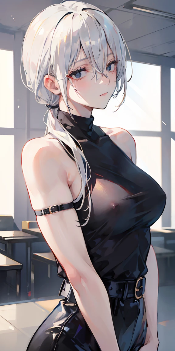 Masterpiece,realistic, 1girl,(MyleneHFV4), platinum hair, golden eyes,ringed eyes, single braided ponytail, ((POV, close shot)), Black turtleneck shirt, nipples, highlight breast, side bangs, sweats,