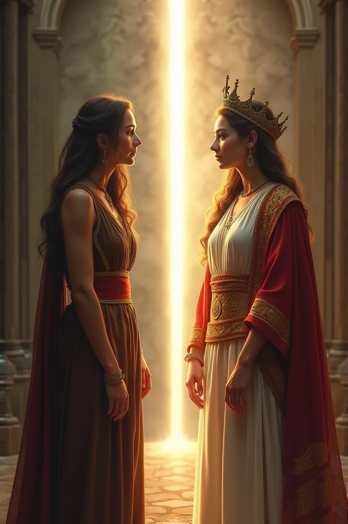 An image showing a woman in two distinct stages: On the left side, a simple and discreet young woman, representing Hadassah, in a darker or neutral environment. on the right side, the same woman, now transformed, with a crown and dressed like a queen, representing Esther, in a bright and majestic setting. in the middle of the image, a beam of light or a soft glow can symbolize transition and God&#39;s timing.

