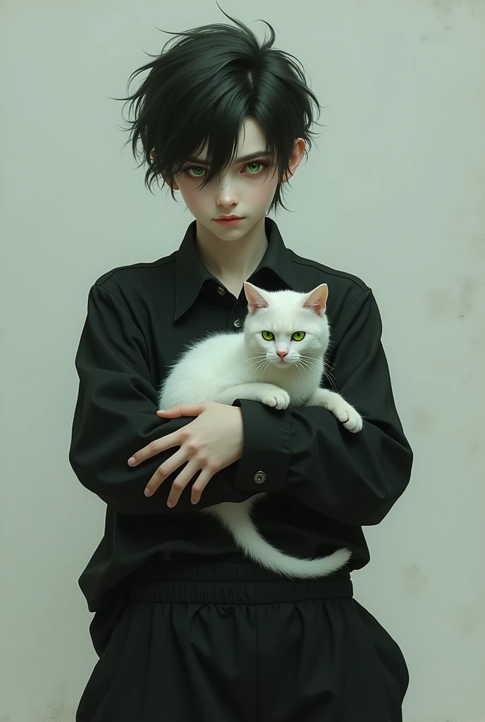 Image of realistic older teenage boy with pale skin green eyes black baggy pants black shirt and holding white cat with green face 