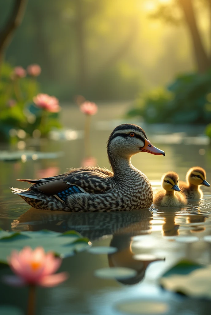 a duck, duck swimming in pond, ducklings, detailed feathers, detailed eyes, realistic, photorealistic, 8k, best quality, masterpiece, intricate details, beautiful pond with lily pads, serene landscape, warm lighting, natural colors, tranquil atmosphere