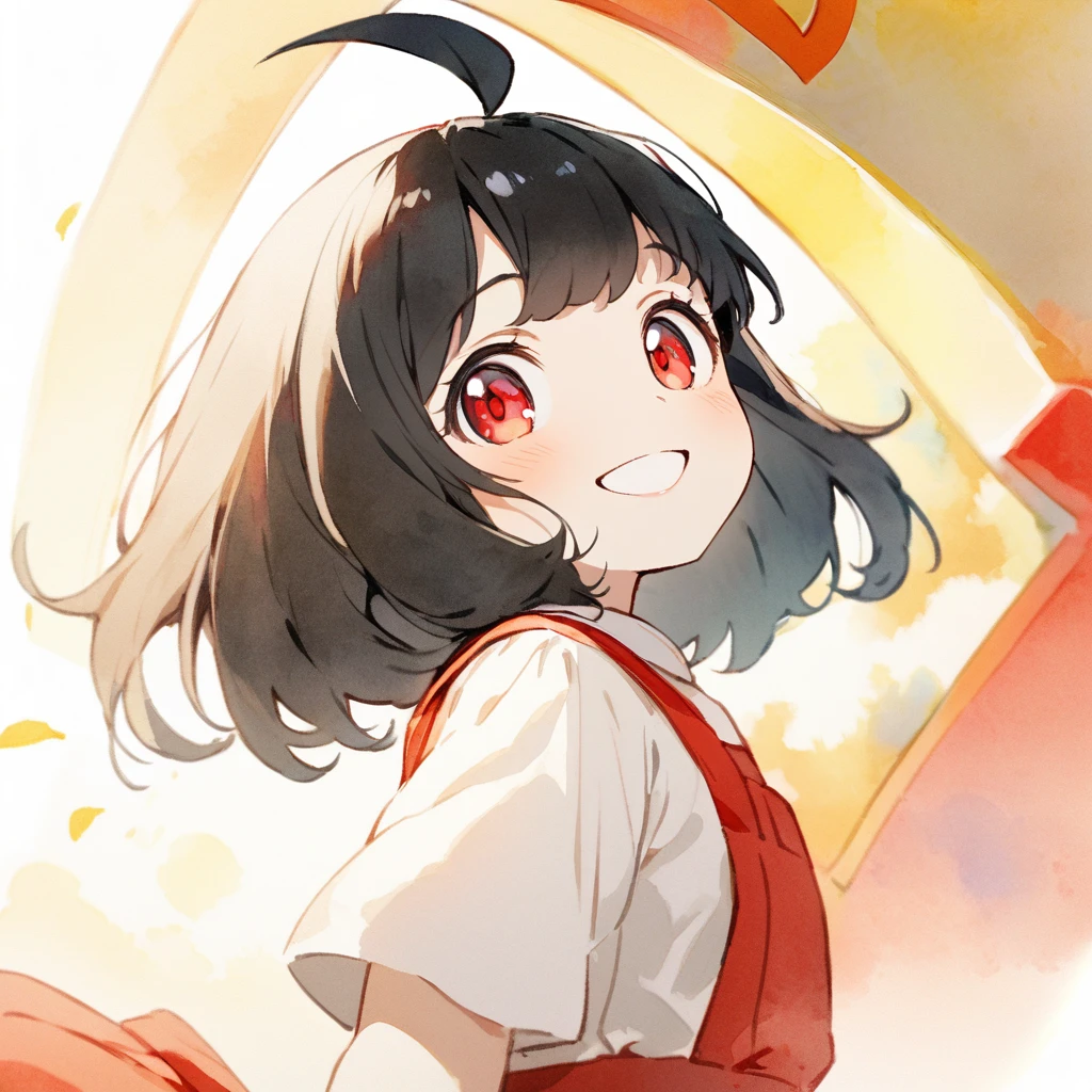 female , 1 woman, glad, delightful, blissful, cheerful, happy, smiling, laughing, cheerful grin, looking at viewer, looking to the left, looking up, bob cut, ahoge, black hair, red eyes, slant eyes, big eyes, sanpaku, red lips, pale skin, White shirt, red skirt with suspenders, Give McDonald's set, solid white background, anime, hard-edged, upper body, macro shot, front view, headshot, rule of thirds, dreamy watercolor, best hand