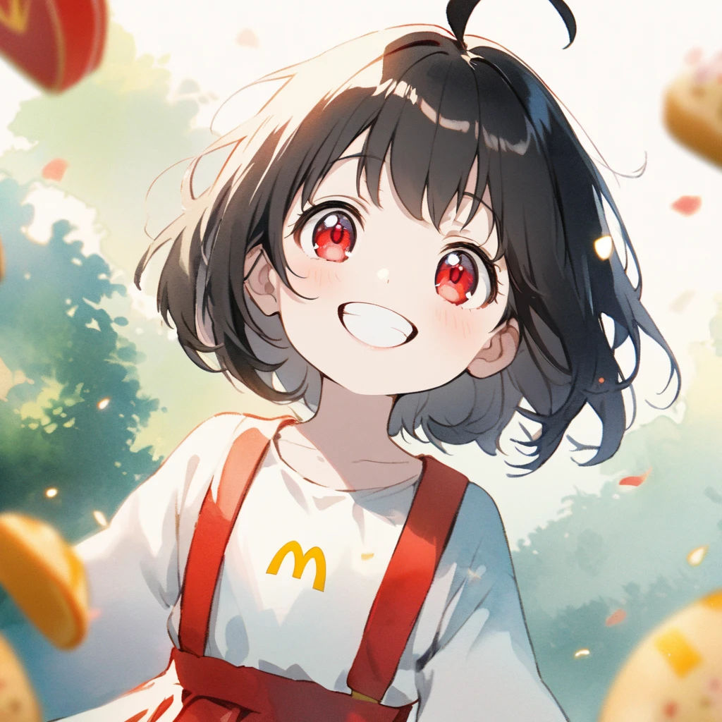 female child, 1 woman, glad, delightful, blissful, cheerful, happy, smiling, laughing, cheerful grin, looking at viewer, looking to the left, looking up, bob cut, ahoge, black hair, red eyes, slant eyes, big eyes, sanpaku, red lips, pale skin, White shirt, red skirt with suspenders, Give McDonald's set, solid white background, anime, hard-edged, upper body, macro shot, front view, headshot, rule of thirds, dreamy watercolor, best hand