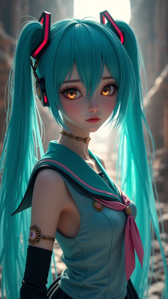 Genius cosplayer girl of Hatsune Miku, intricate detail Highly Detailed Eyes, Faded, Japanese high school sailor suit, ,(Fondo de ruinas de mazmorra en ruinas colored glass background:1.4 ), 16K resolution, RAW, Nikon Z9, Creative, Masterpiece, Fantasy, High Definition, High Quality, 8k, Realistic, Dramatic Lighting, Soft Focus, Digital Illustration, Intricate Mechanics, Advanced Techniques, Dark Background Cinematic, High Contrast, High Contrast Atmosphere, (Best Quality, 4k, 8k, High Definition, Masterpiece: 1. 2), Ultra-Detailed, (Realistic, Graphic, Photorealistic: 1. 4) -- No Glass --AR 16:9 --Stylize 1000, high quality, (RAW photo, best quality), (realistic, photorealistic: 1.4), (extremely delicate and beautiful: 1.4), amazing, fine details, masterpiece, ultra detailed, high resolution, best illustration, best shadow, intricate, ( extremely intricate: 1.2), (exquisitely detailed skin), cinematic light, perfect anatomy, (cool color: 1.4), sharp focus, 8k UHD, DSLR, (Fujifilm XT3),(pose americano :1.4), (pose medio cuerpo :1.4)