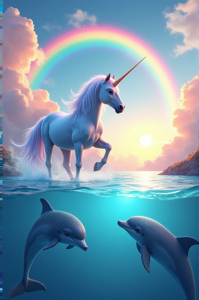 Unicorn and rainbow and dolphins 
