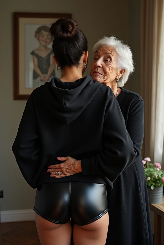 black woman hair in a bun black hoodie black leather short shorts being fucked in the ass by a old grandma in a dress

