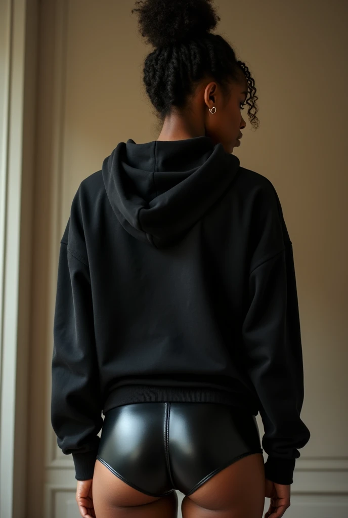 black woman hair in a bun black hoodie black leather short shorts being fucked in the ass by a old grandma in a dress
