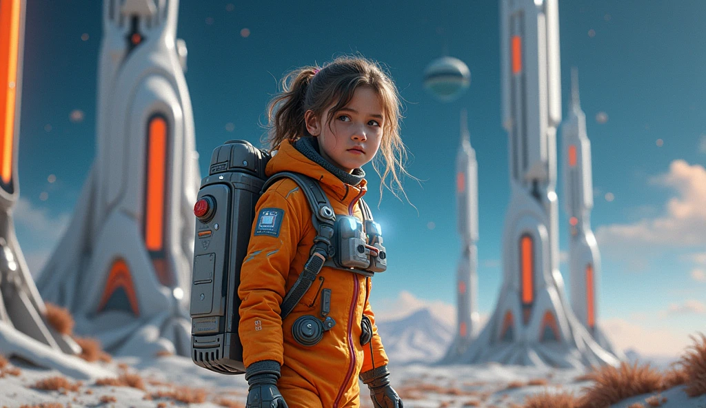 Wearing a colorful space suit and setting up an antenna。A real-life girl taking a photo in a futuristic location