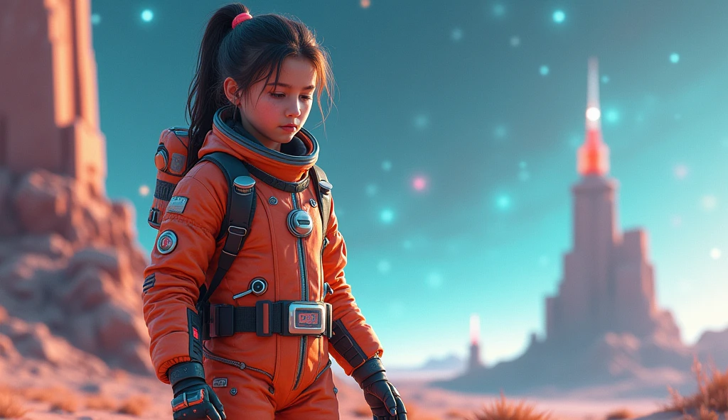 Wearing a colorful space suit and setting up an antenna。A real-life girl taking a photo in a futuristic location