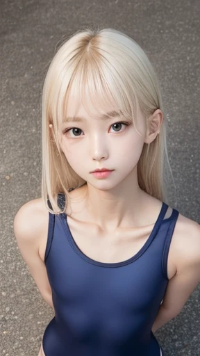 ((sfw:1.5)),((sfw:1.5)),((from above:1.5)),((Upper Body:1.5)) Korean Asian r Photos、((Beautiful and cute idol girl:1.5))、Platinum Blonde Hair、10yo,Naow eyes:1.5、Thin face、Thin neck、((Slim body)),((skinny):1.5),((Flat chest:1.5)),((clavicle)),((Narrow eyes:1.5))、(Thin arms)、(Thin neck)、(Thin lips)、A small smile、Thin arms、(Dark blue school swimsuit:1.5)