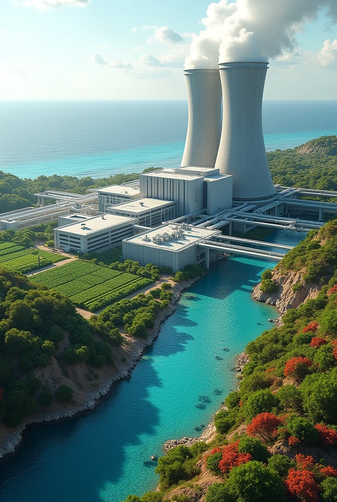 a project showing a modern nuclear power plant near the ocean, with pipes that extract sea water, and a desalination system that converts that water into drinking water. The image may include a green and healthy environment, with crops irrigated thanks to desalinated water.