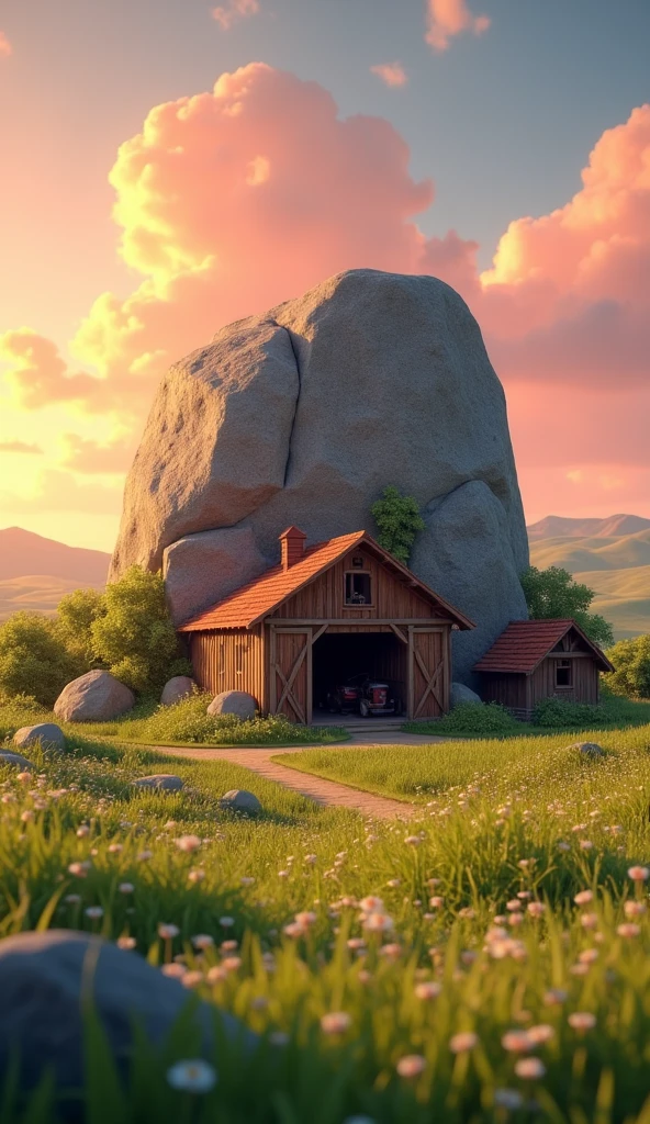 Draw a large rock at the entrance to a farm barn. The farm should be picturesque and detailed, with green fields and a sunrise sky with soft orange and pink tones, in a 3D animated style.