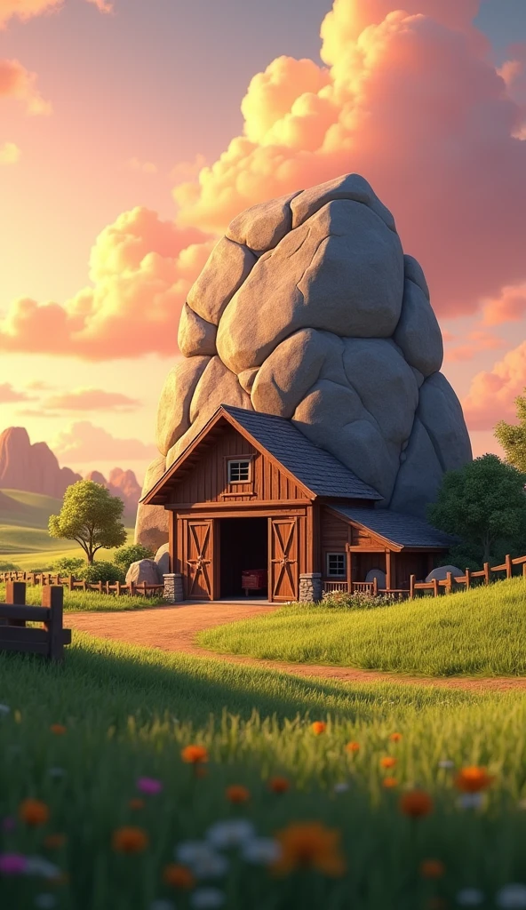 Draw a large rock at the entrance to a farm barn. The farm should be picturesque and detailed, with green fields and a sunrise sky with soft orange and pink tones, in a 3D animated style.