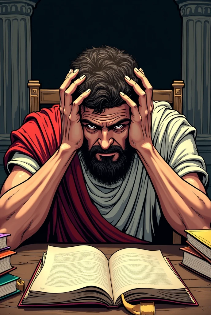 Roman Julius Caesar,  featuring , preoccupied, featuring as maos na cabeça, seated in a chair, in front of a table full of books, image drawing comic book 