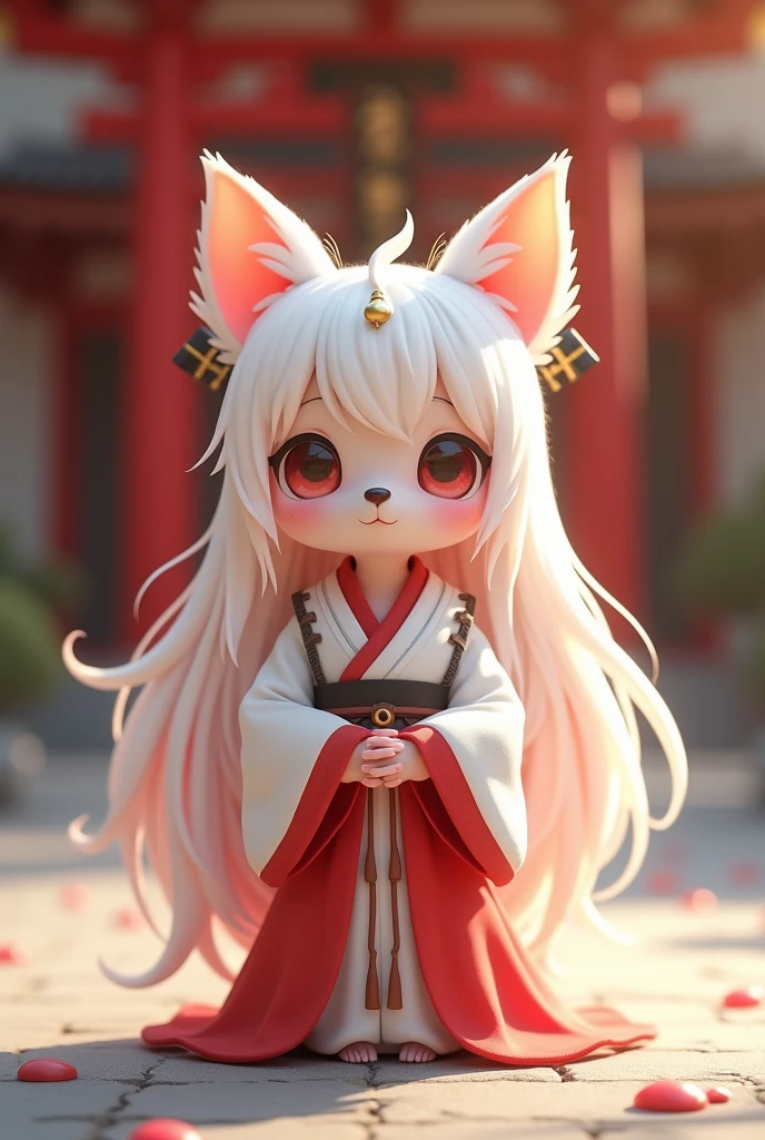 Long Coat Chihuahua、Personification、Short height and minimalist looks、She has long hair and her color is white with a slight pink tint.、Dressed as a shrine maiden、The chest is plump and large