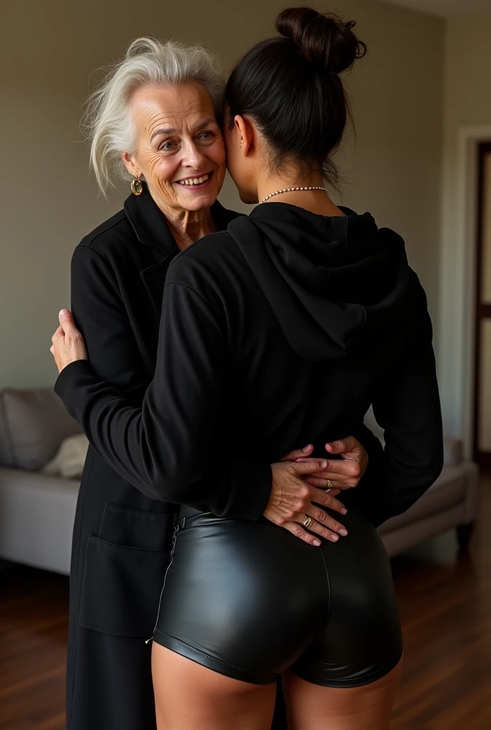black woman hair in a bun black hoodie black leather short shorts being fucked in the ass by a old grandma in a dress