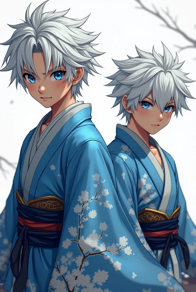 2 white skinned boy, unkempt white hair, blue eyes and strong constitution. He wears a demon slayer uniform along with a sky blue haori stylized with snow. 