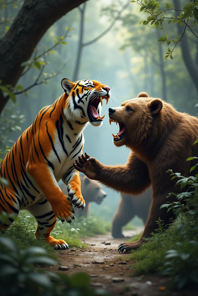 The tiger shouting to bear and bear crying



