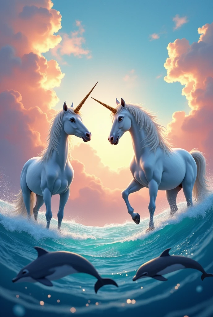 Unicorns with dolphins with colorful clouds 