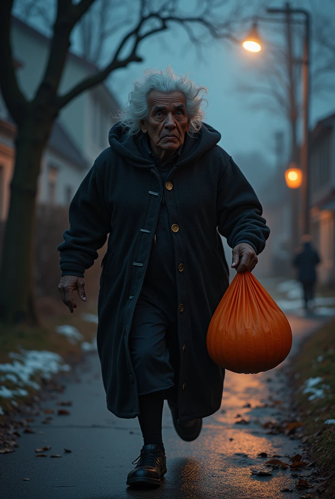 Tall fat black man dressed as a granny holding a candy bag running while chasing and scaring childs in a halloween night