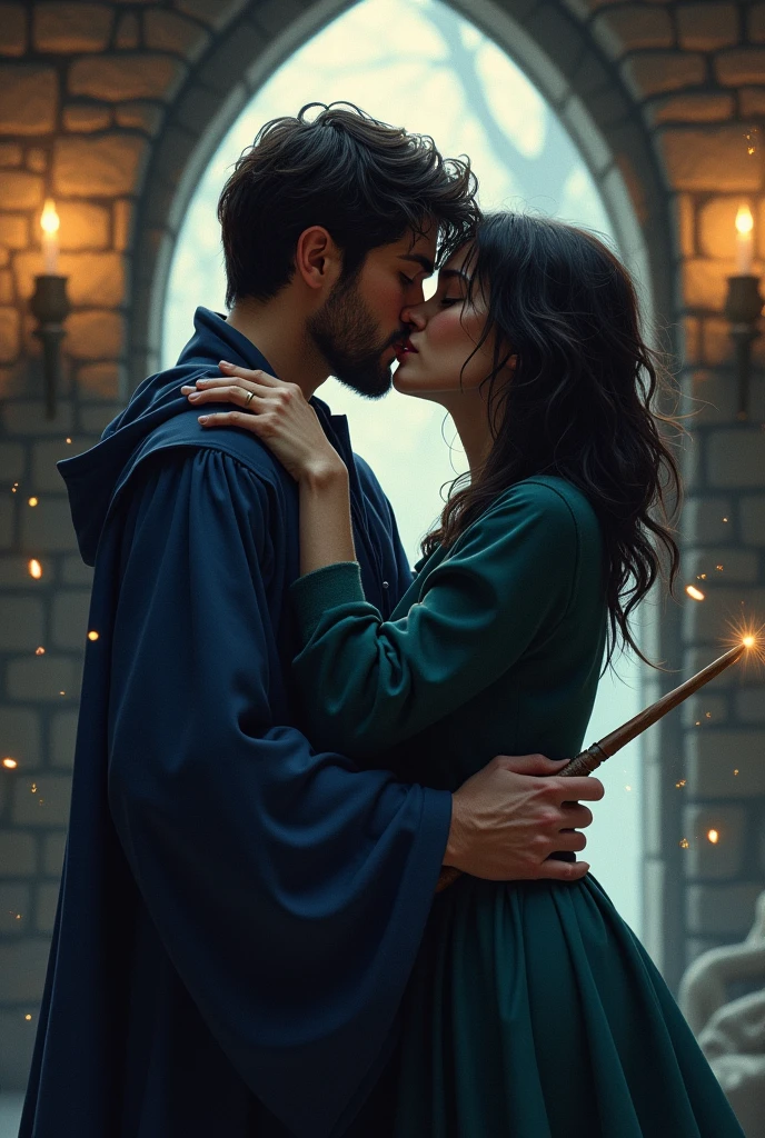 A short black-haired wizard with a beard and a short black-haired witch from Ravenclaw house kissing