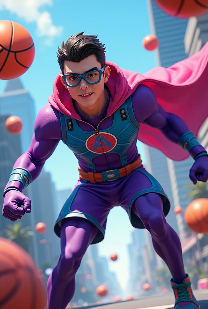 A nerdy super hero whose power is to control bouncy balls of all sizes.
His name is “The Bouncy Bawller”.

He wears a purple and blue super suit that looks almost like basket ball clothes. He throws colorful balls of all sizes