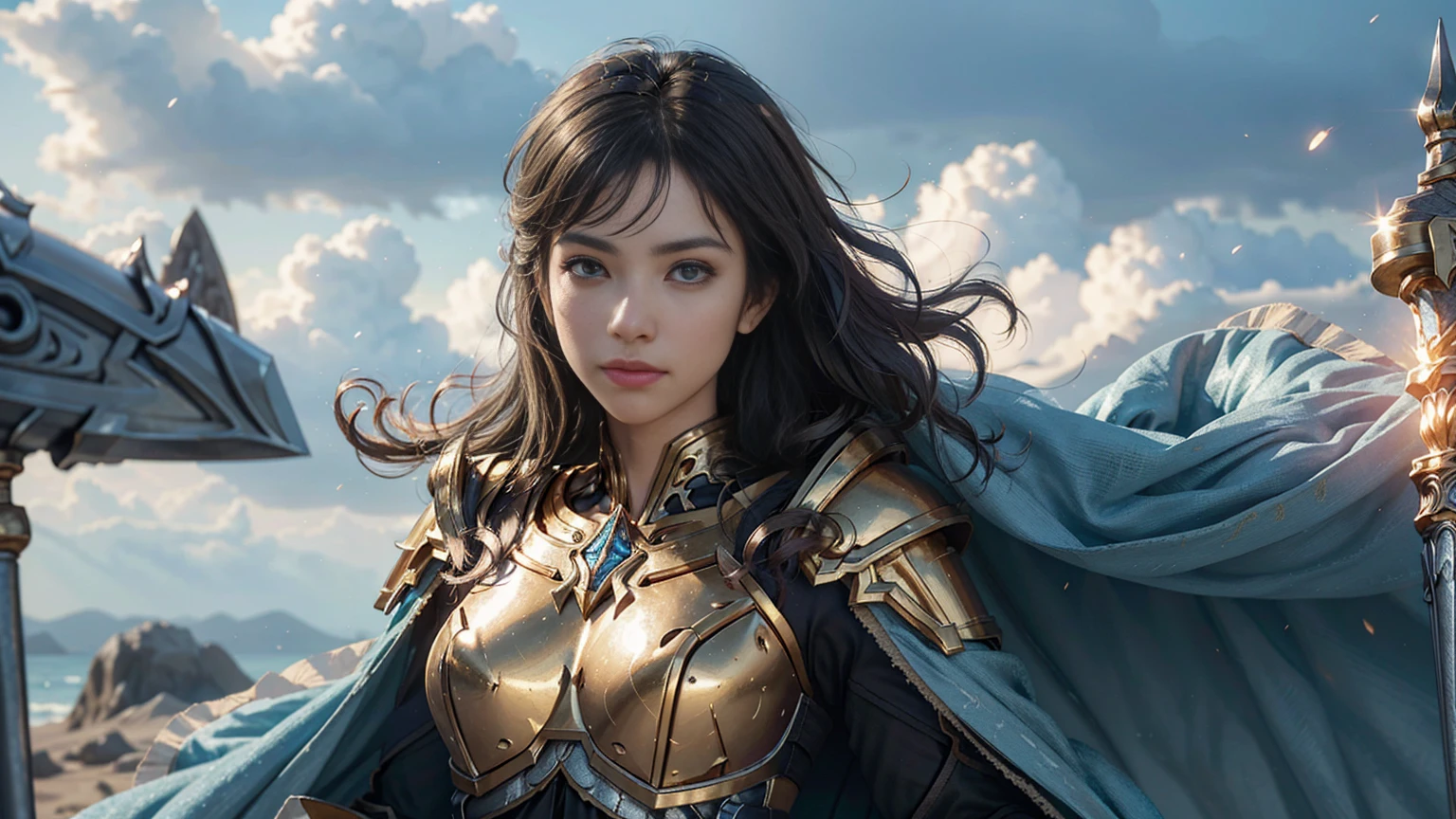 ((Well-developed abdominal muscles)), 8K, Ultra HD, Highest quality, (Very detailed), Dynamic Angle, Mysterious expression, wind-effect, fantasy background, Edge lighting, Movie Lighting, Ultra-high resolution, 8K UHD, Film Grain, Better shadows, Moderate, Raw, Light Particles, Delicate skin texture, Detailed armor textures, Delicate face, Intricate details, Very detailed, bright, Strong, Gold Armor, (With a hammer), reduce, Crushing, Scapula, Long cape, fantasy, (Practical), Scapula, complex, With complex, Perfect lighting, Viewers, Movie Lighting, flight Keywords: flight, Holy Light, Energetic, Bangs, wind, Paladin