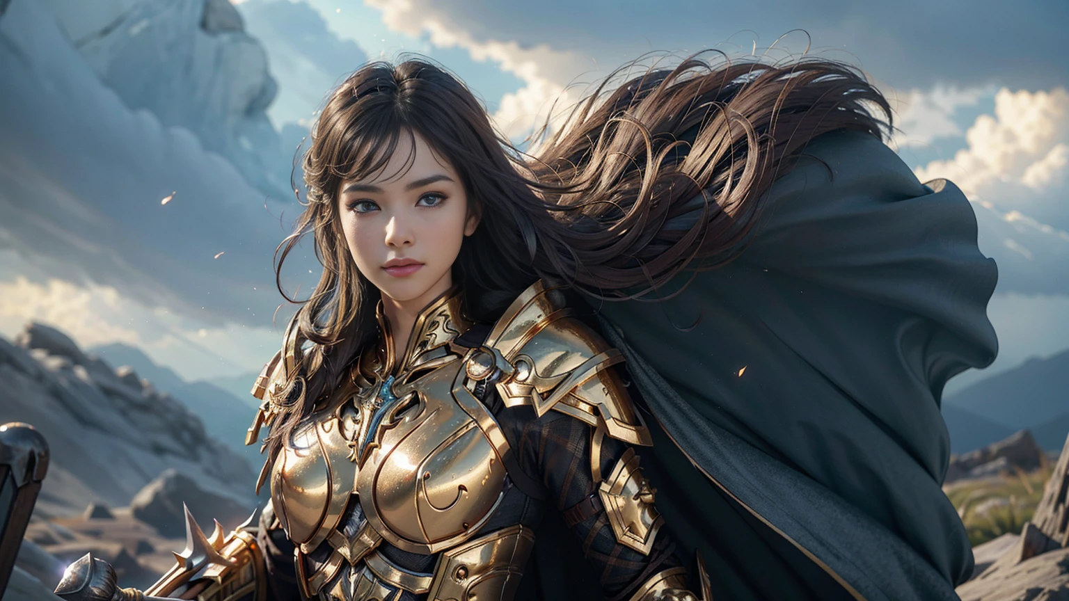 ((Well-developed abdominal muscles)), 8K, Ultra HD, Highest quality, (Very detailed), Dynamic Angle, Mysterious expression, wind-effect, fantasy background, Edge lighting, Movie Lighting, Ultra-high resolution, 8K UHD, Film Grain, Better shadows, Moderate, Raw, Light Particles, Delicate skin texture, Detailed armor textures, Delicate face, Intricate details, Very detailed, bright, Strong, Gold Armor, (With a hammer), reduce, Crushing, Scapula, Long cape, fantasy, (Practical), Scapula, complex, With complex, Perfect lighting, Viewers, Movie Lighting, flight Keywords: flight, Holy Light, Energetic, Bangs, wind, Paladin