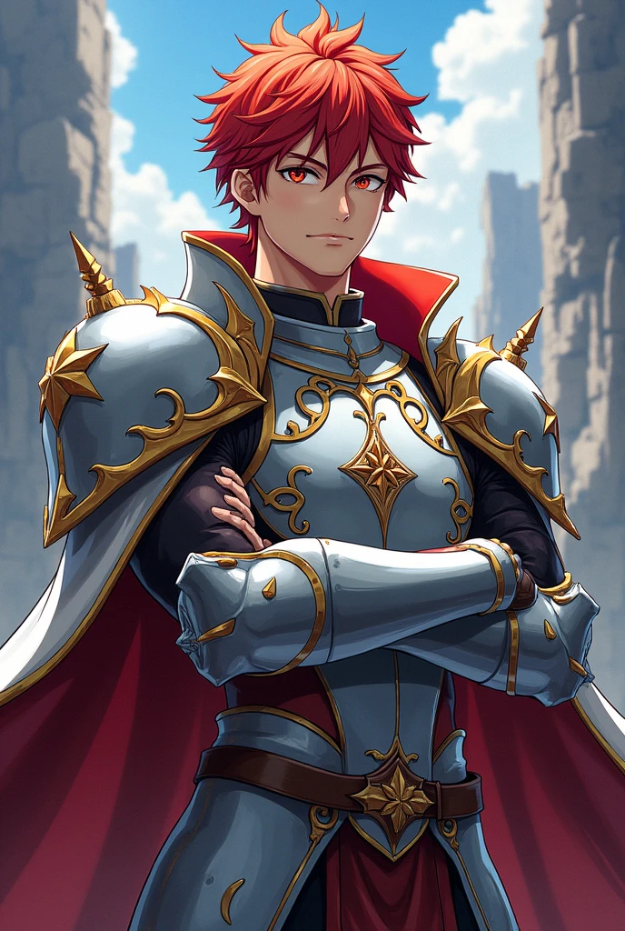 A boy in the style of Knights of the Zodiac (the lost canvas) Red-hair. attractive, handsome, muscular, with silver armor, art