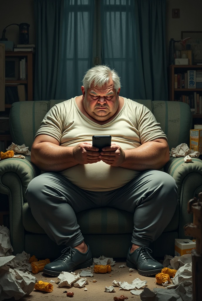 UGLY FAT MAN SITTING ON THE SOFA TRYING ON HIS CELL PHONE WITH A BUNCH OF BS NEXT TO HIM