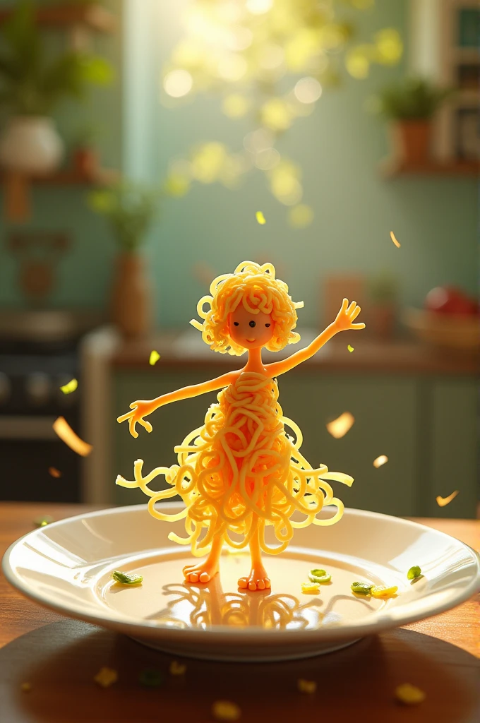 A whimsical miniature figure composed of delicately arranged noodles poised in a carefree dance on the rim of plate white shiny plate set on a table vibrant kitchen back drop, where dappled sunlight filters through the canopy above, casting intricate shadow. The overall aesthetic is ethereal with warm earthy tones of sienna umber infused with hints of emerald and golden light, evoking a sense of wonder and enchantment as if plucked from a fantastical realm.