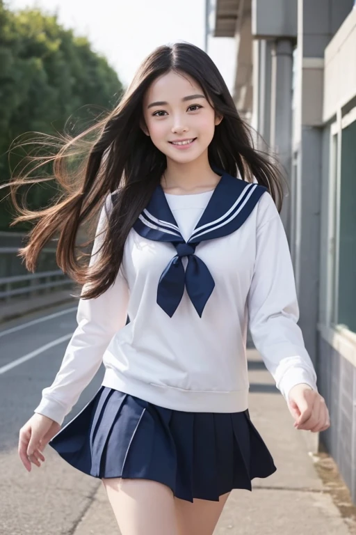 A young, eight-head-tall female character with abnormally large breasts, long hair, and a childlike yet mature feel, wearing a realistic sailor uniform that is indistinguishable from the real thing.、Create a scene with a calm expression and a gentle sidelong glance.。The character has long black hair.、In the background, a girl is running down a school corridor with her skirt fluttering.。A 10-second video in which the female character is smiling modestly