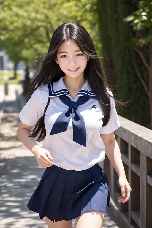 A young, eight-head-tall female character with abnormally large breasts, long hair, and a childlike yet mature feel, wearing a realistic sailor uniform that is indistinguishable from the real thing.、Create a scene with a calm expression and a gentle sidelong glance.。The character has long black hair.、In the background, a girl is running down a school corridor with her skirt fluttering.。A 10-second video in which the female character is smiling modestly