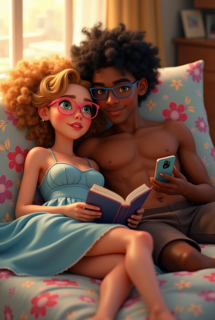 Realism to the max Disney style brown woman, blonde, curly hair wearing pink glasses, clear green eyes, blue dress, with white man, wearing dark brown shorts, wearing no shirt, wearing black glasses, curly black hair, the two lying on a bed with a flowery bedspread, reading book and using cell phone.