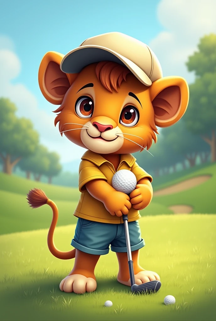 lawn,A lion cub playing golf,Wearing short sleeves and shorts,Little lion wearing a cap